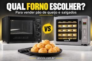 Comparação visual entre dois fornos para vender pão de queijo e salgados, com equipamentos Nardelli e Wictory lado a lado.